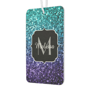 Aqua blue Ombre faux glitter sparkles Monogram Car Air Freshener