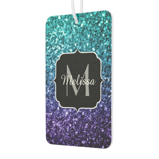 Aqua blue Ombre faux glitter sparkles Monogram Car Air Freshener (Left)