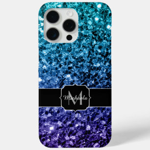 Aqua blue Ombre faux glitter sparkles Monogram iPhone 15 Pro Max Case