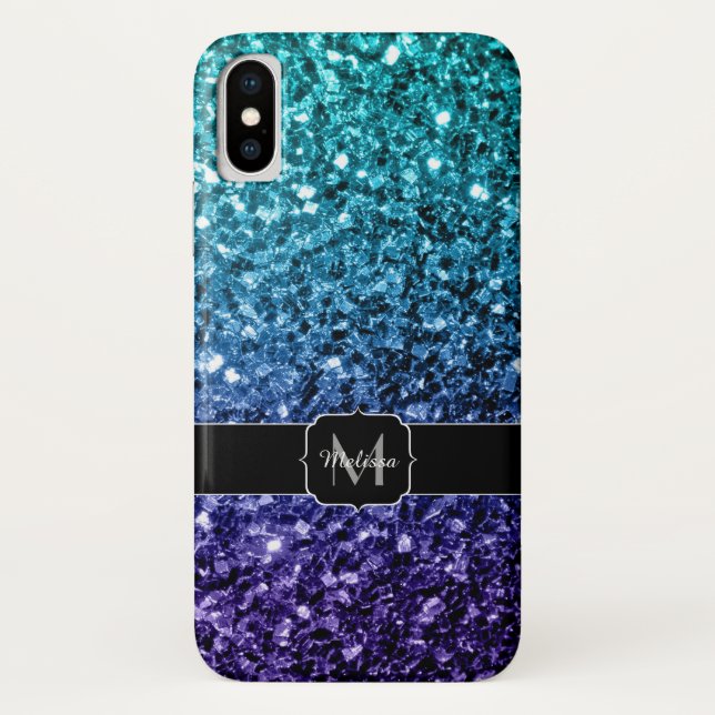 Aqua blue Ombre faux glitter sparkles Monogram Case-Mate iPhone Case (Back)