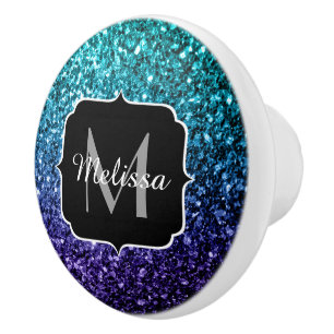 Aqua blue Ombre faux glitter sparkles Monogram Ceramic Knob