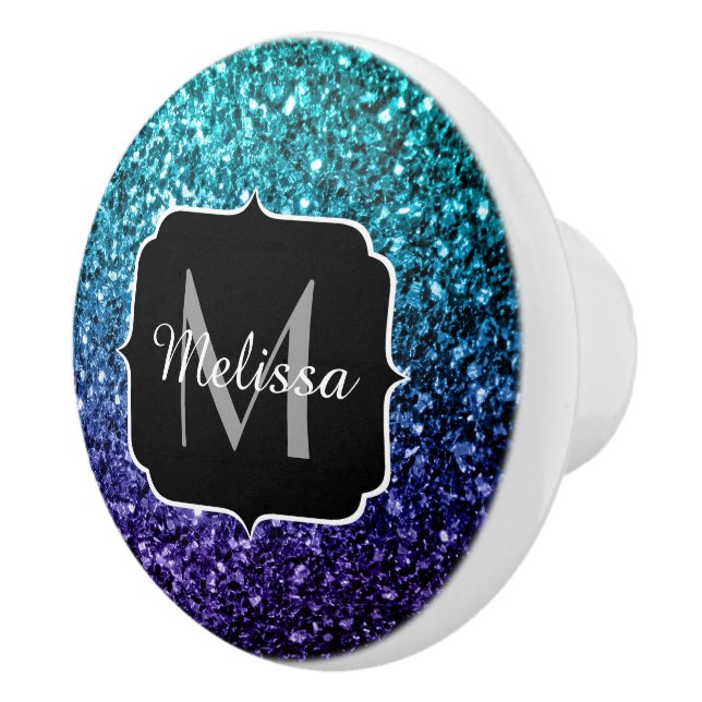 Aqua blue Ombre faux glitter sparkles Monogram Ceramic Knob (Right)