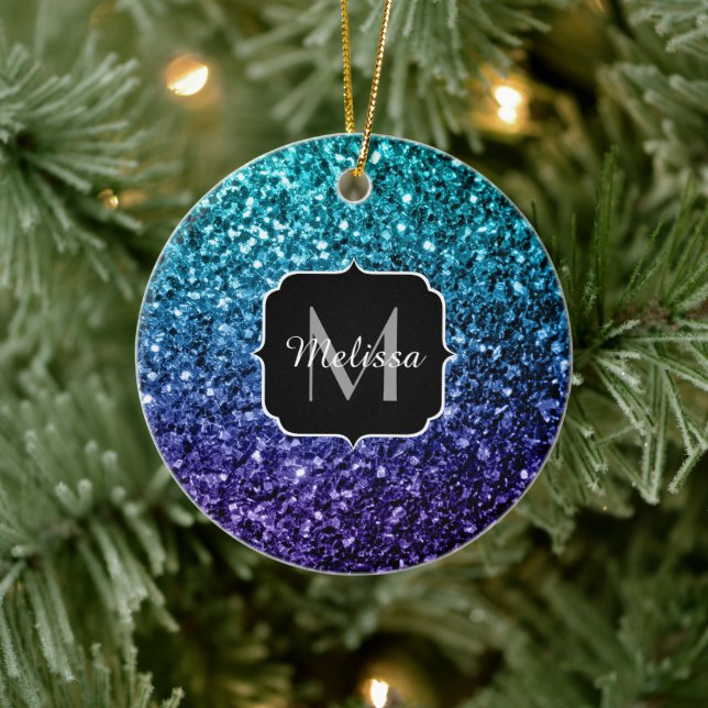 Aqua blue Ombre faux glitter sparkles Monogram Ceramic Tree Decoration (Tree)