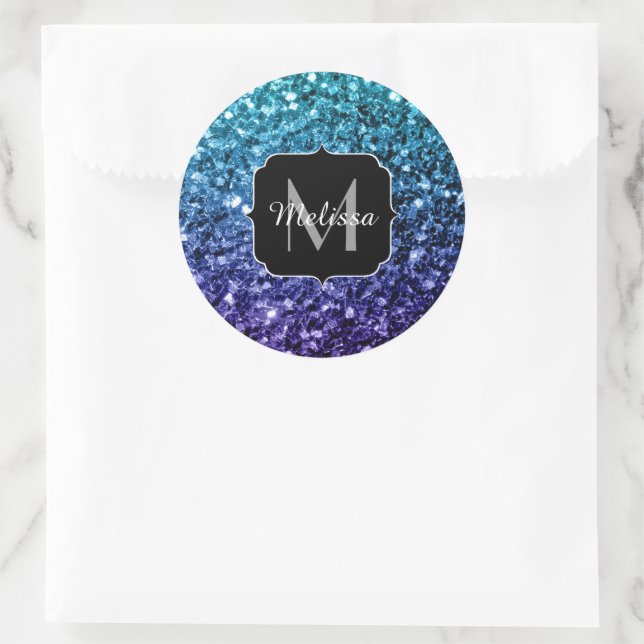 Aqua blue Ombre faux glitter sparkles Monogram Classic Round Sticker (Bag)