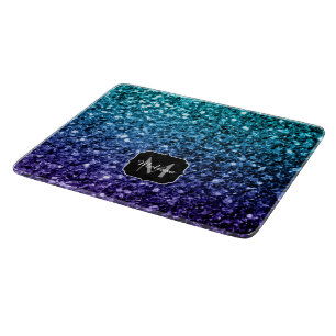Aqua blue Ombre faux glitter sparkles Monogram Cutting Board