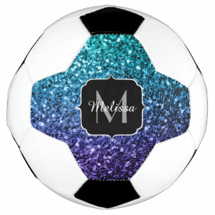 Aqua blue ombre faux glitter sparkles Monogram Football