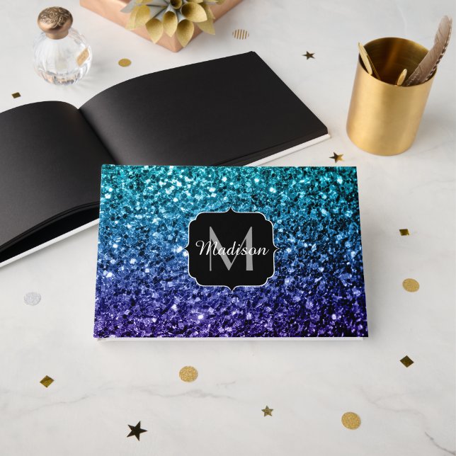 Aqua blue Ombre faux glitter sparkles Monogram Guest Book (Front Open)