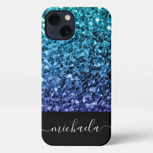 Aqua blue Ombre faux glitter sparkles Monogram iPhone 13 Case
