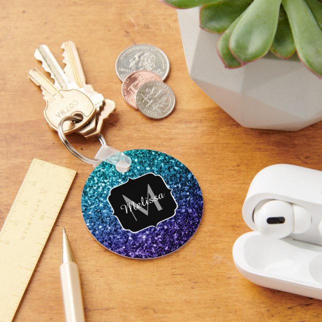 Aqua blue Ombre faux glitter sparkles Monogram Key Ring (Desk)