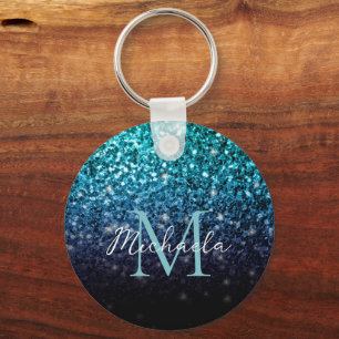 Aqua blue Ombre faux glitter sparkles Monogram Key Ring