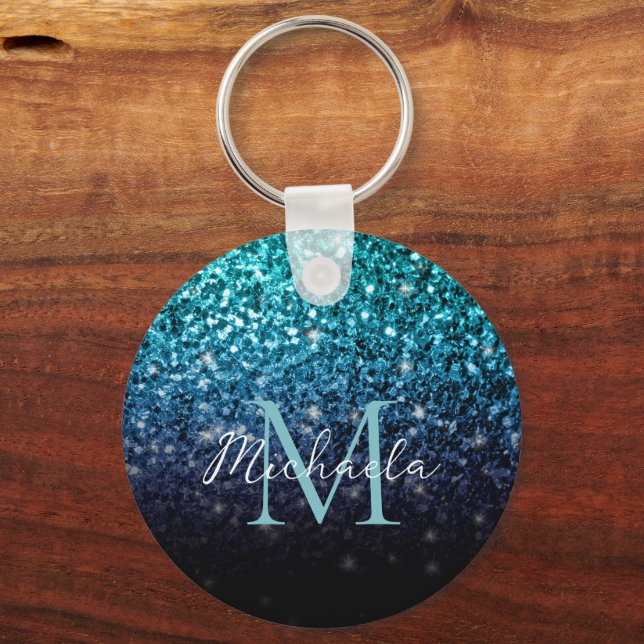 Aqua blue Ombre faux glitter sparkles Monogram Key Ring (Back)