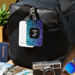 Aqua blue Ombre faux glitter sparkles Monogram Luggage Tag