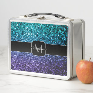 Aqua blue Ombre faux glitter sparkles Monogram Metal Lunch Box