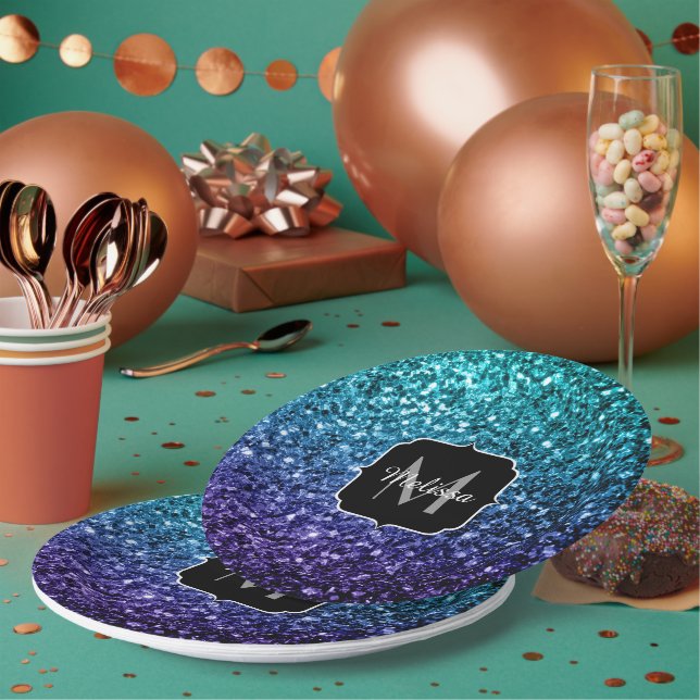 Aqua blue Ombre faux glitter sparkles Monogram Paper Plate (Multi)