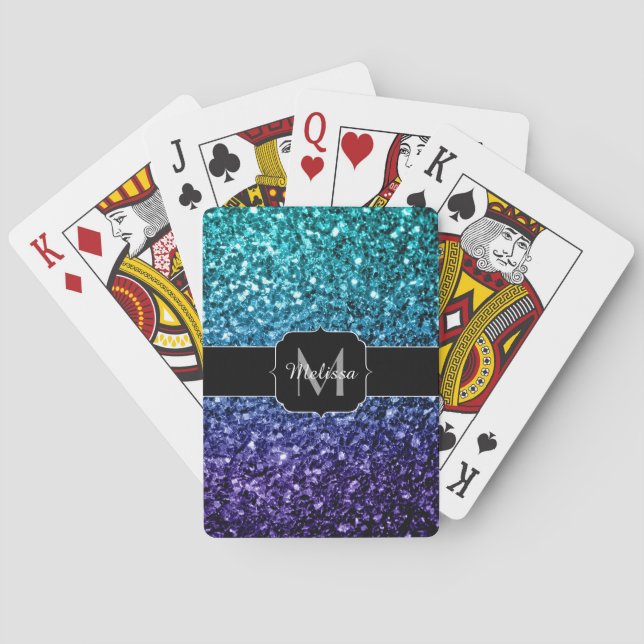 Aqua blue Ombre faux glitter sparkles Monogram Playing Cards (Back)