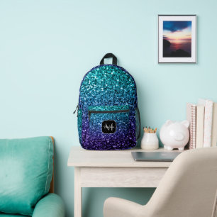 Aqua blue ombre faux glitter sparkles Monogram Printed Backpack