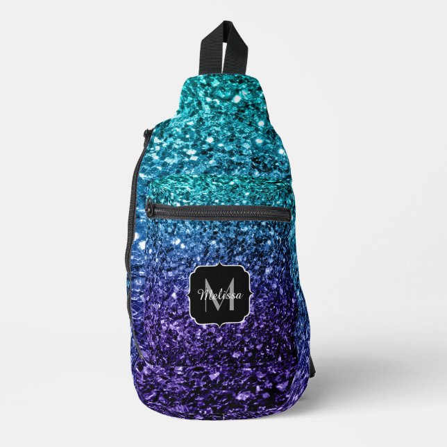 Aqua blue ombre faux glitter sparkles Monogram Sling Bag (Front)