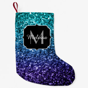 Aqua blue Ombre faux glitter sparkles Monogram Small Christmas Stocking
