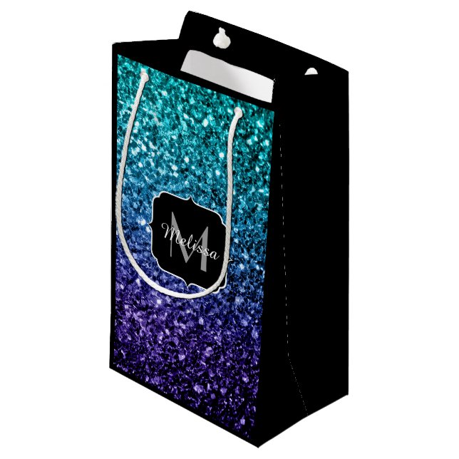 Aqua blue Ombre faux glitter sparkles Monogram Small Gift Bag (Front Angled)