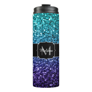 Aqua blue Ombre faux glitter sparkles Monogram Thermal Tumbler