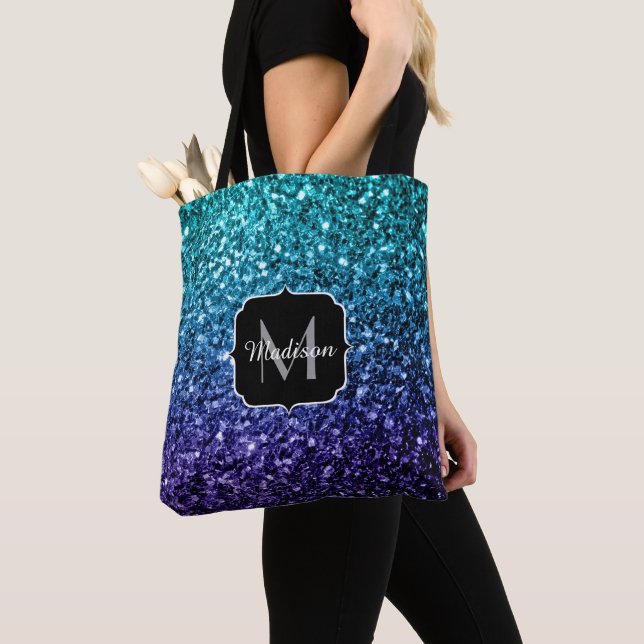 Aqua blue Ombre faux glitter sparkles Monogram Tote Bag (Close Up)