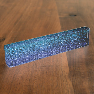 Aqua blue Ombre faux glitter sparkles Nameplate