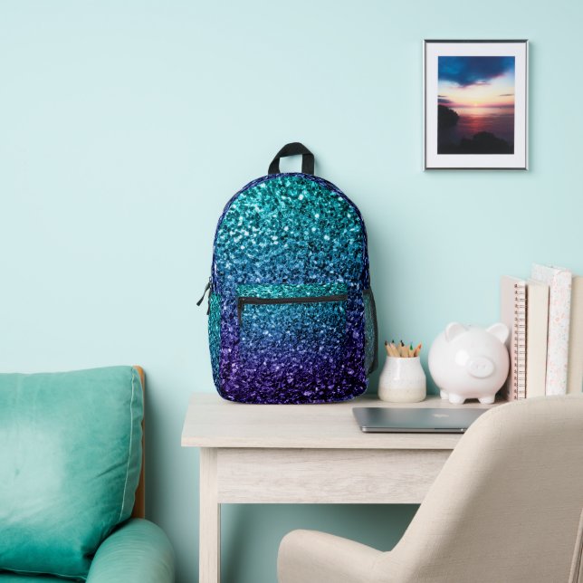 Aqua blue ombre faux glitter sparkles printed backpack (Insitu)