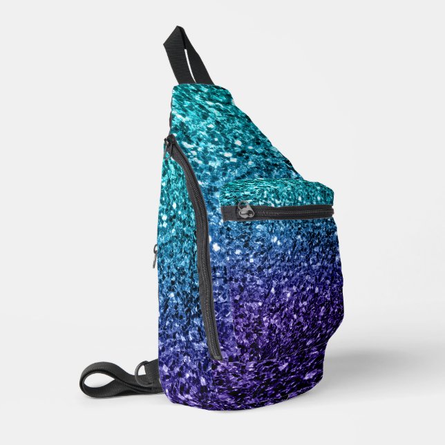 Aqua blue ombre faux glitter sparkles sling bag (Left Corner)