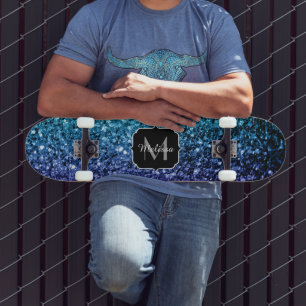 Aqua blue Ombre glitter sparkles Monogram Skateboard