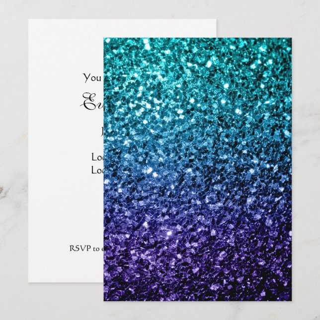  Aqua blue Ombre glitter sparkles Personalise Invitation (Front/Back)