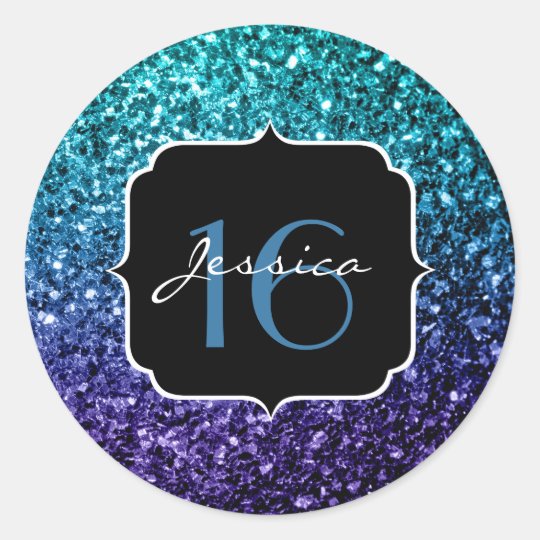 Aqua blue Ombre glitter sparkles Sweet 16 Classic Round Sticker