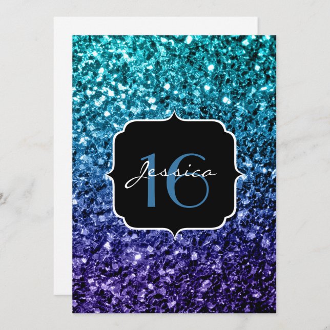 Aqua blue Ombre glitter sparkles Sweet 16 Invite (Front/Back)