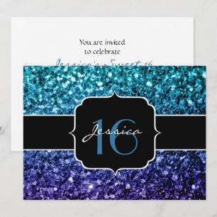 Aqua blue Ombre glitter sparkles Sweet 16 Invite