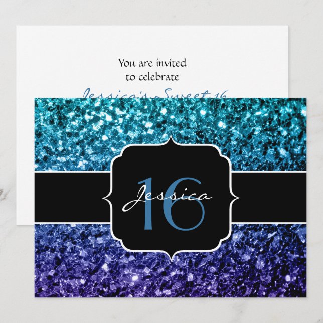 Aqua blue Ombre glitter sparkles Sweet 16 Invite (Front/Back)