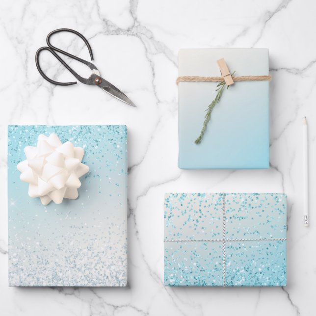 Aqua Blue Ombre Glitzy Sparkle Glitter Wrapping Paper Sheet (Front)