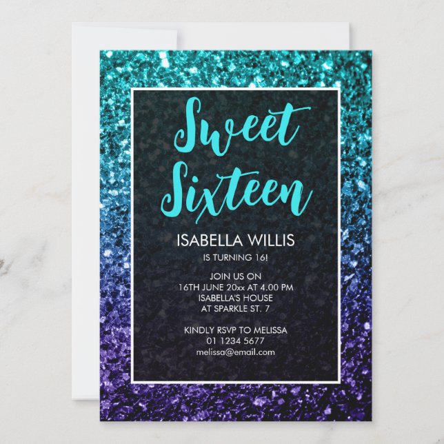 Aqua blue Ombre sparkles Sweet 16 elegant script Invitation (Front)