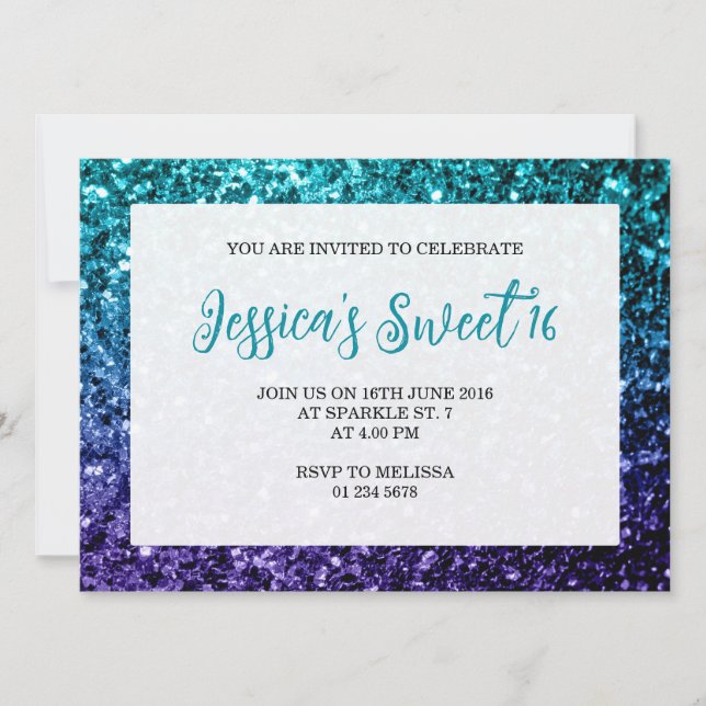 Aqua blue Ombre sparkles Sweet 16 elegant script Invitation (Front)