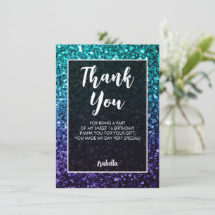Aqua blue ombre sparkles Sweet 16 elegant script Thank You Card