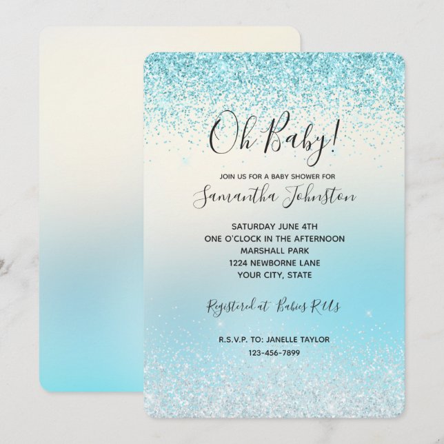 Aqua Blue Ombre Tie dye Glitzy Sparkle Glitter Invitation (Front/Back)