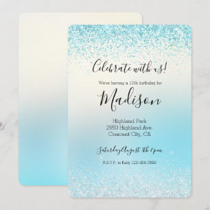 Aqua Blue Ombre Tie dye Glitzy Sparkle Glitter Invitation