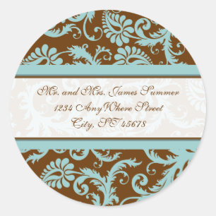 Aqua Blue on Brown Damask Address Wedding Stickers