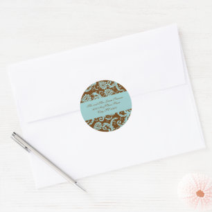 Aqua Blue on Brown Damask Address Wedding Stickers