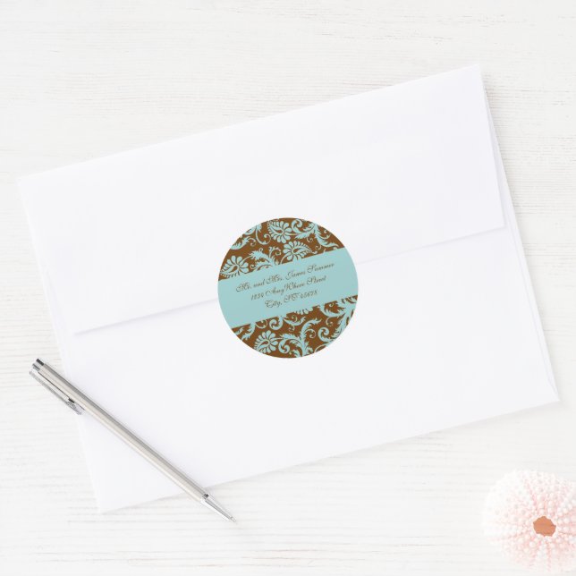 Aqua Blue on Brown Damask Address Wedding Stickers (Envelope)