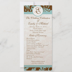 Aqua Blue on Brown Damask Swirl Wedding Invitation