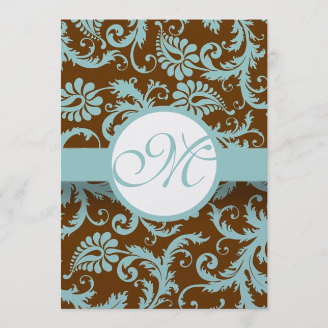 Aqua Blue on Brown Damask Wedding Menu (Front)