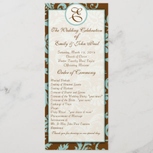Aqua Blue on Brown Damask  Wedding Program Programme