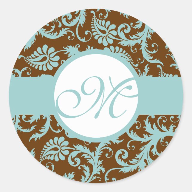 Aqua Blue on Brown Damask Wedding Stickers (Front)