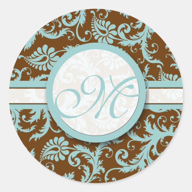 Aqua Blue on Brown Damask Wedding Stickers (Front)