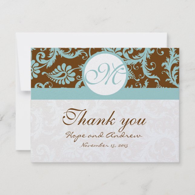 Aqua Blue on Brown Damask Wedding Thank You Cards (Front)