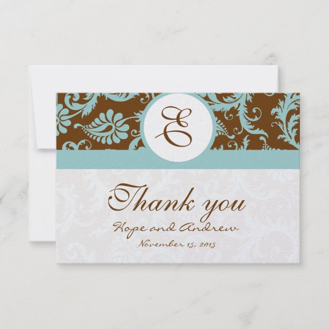 Aqua Blue on Brown Damask Wedding Thank You Cards (Front)